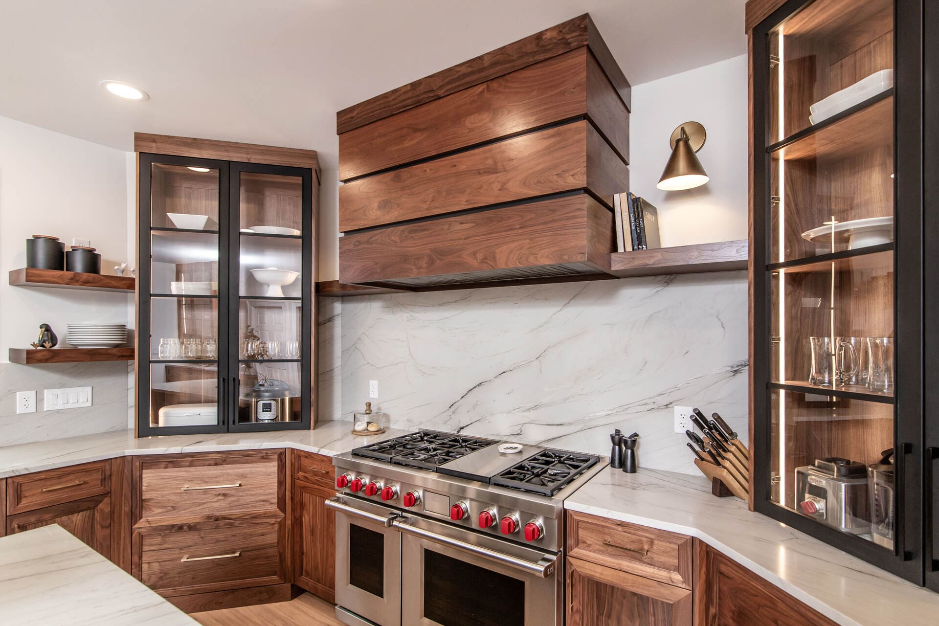 Large walnut hood with white backsplash