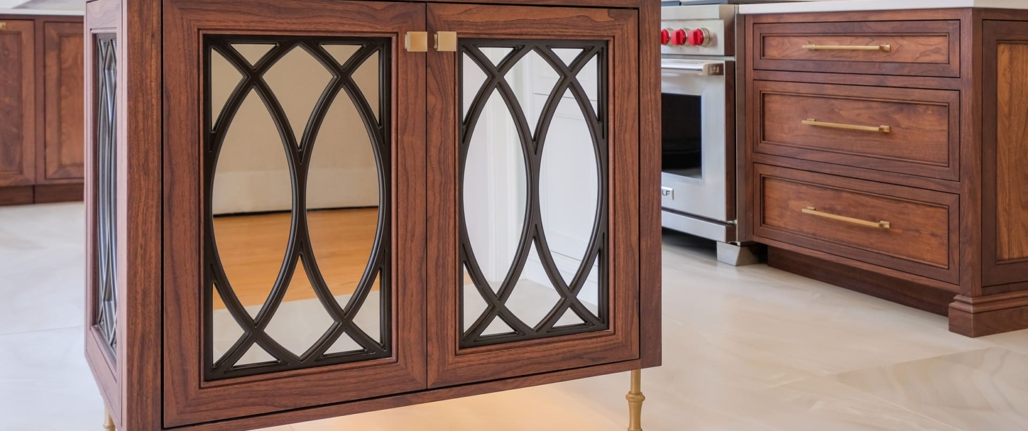 Glass cabinet doors with black accents