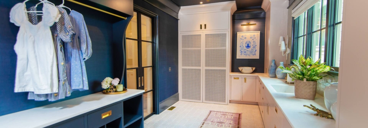 blue and white laundry room