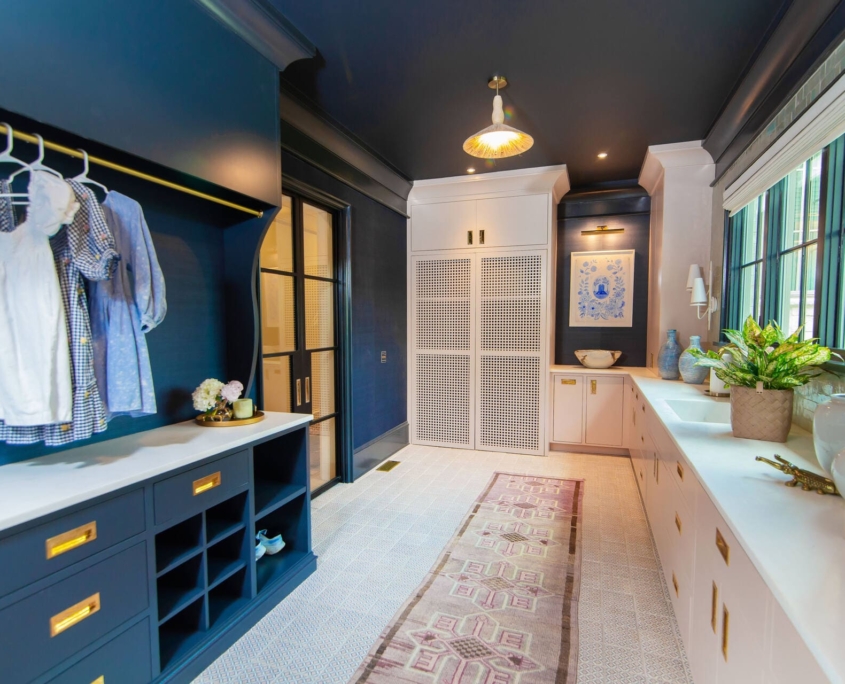 blue and white laundry room