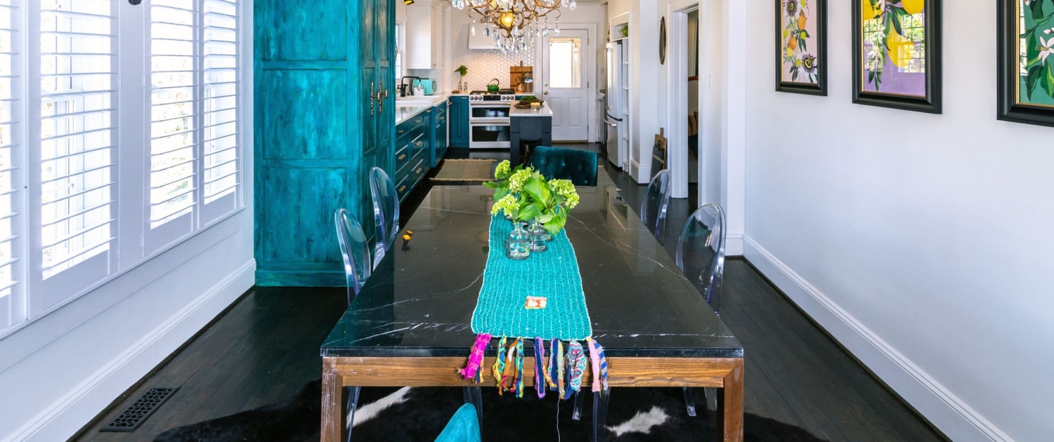 dining room with cowhide rug