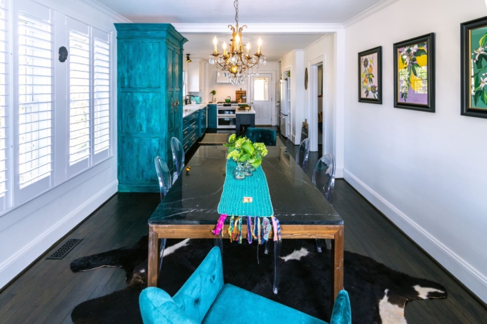 dining room with cowhide rug