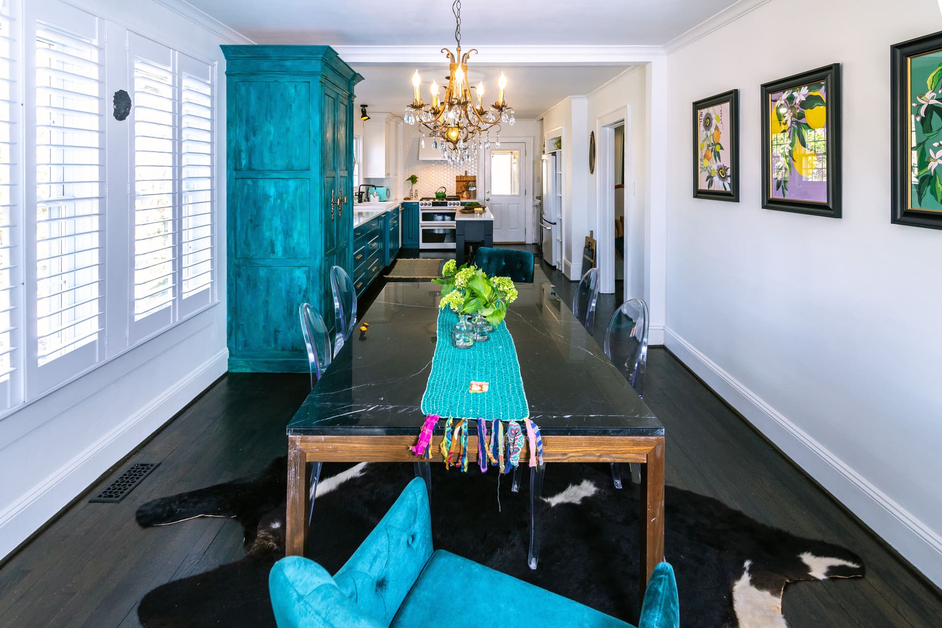 dining room with cowhide rug
