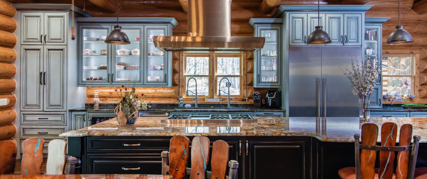 large kitchen in a log cabin