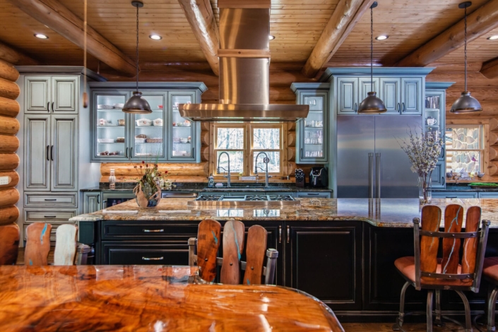 large kitchen in a log cabin