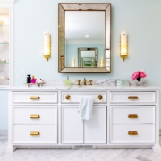 white vanity and a large tub