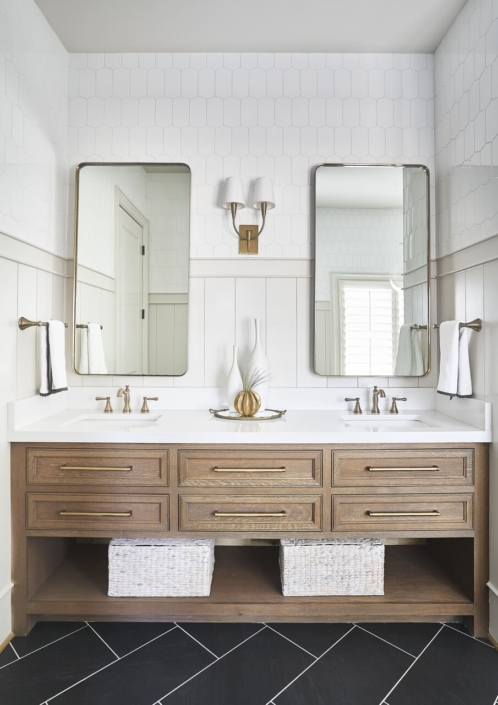 bathroom vanity with tile walls and floors