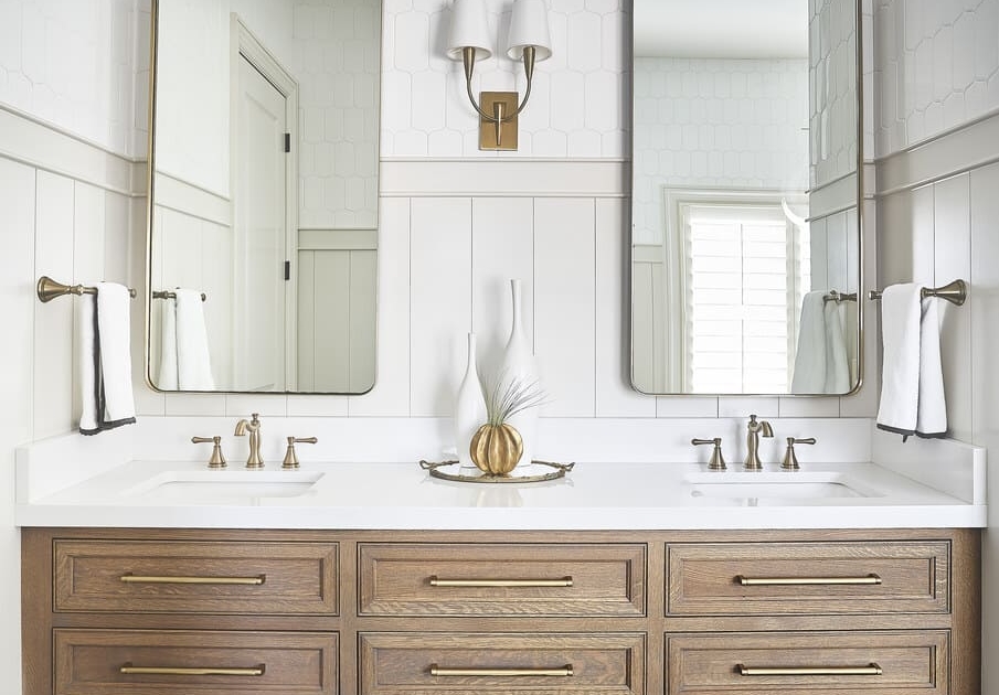 bathroom vanity with tile walls and floors