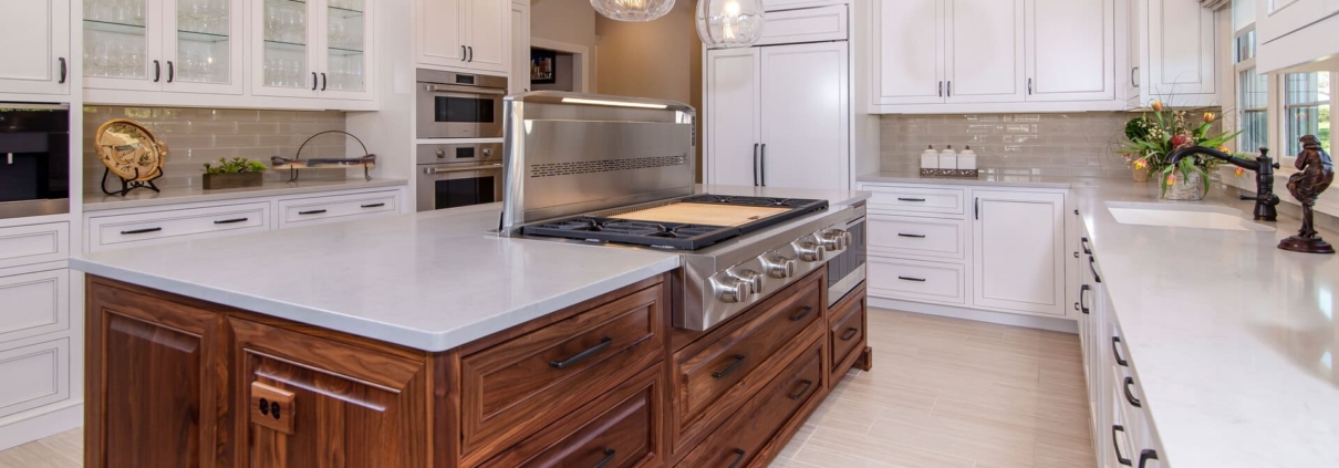 walnut island in a large kitchen