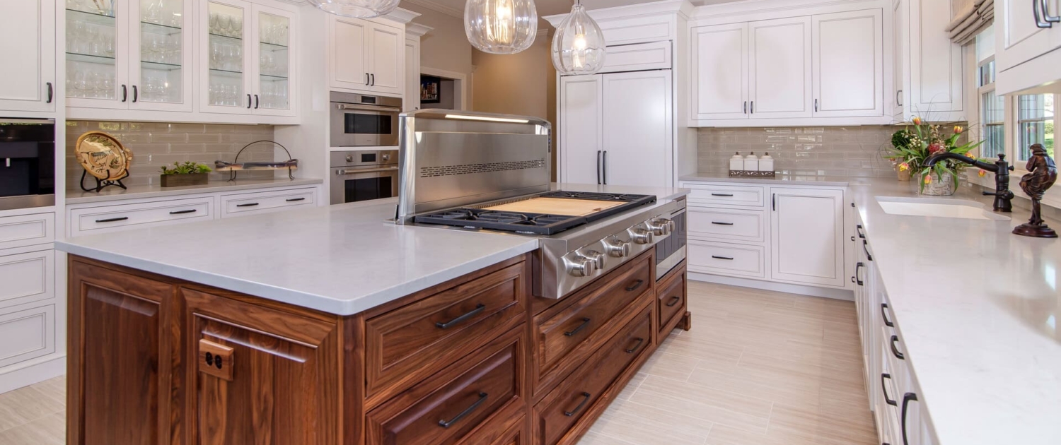 walnut island in a large kitchen