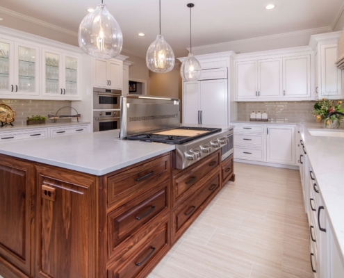 walnut island in a large kitchen