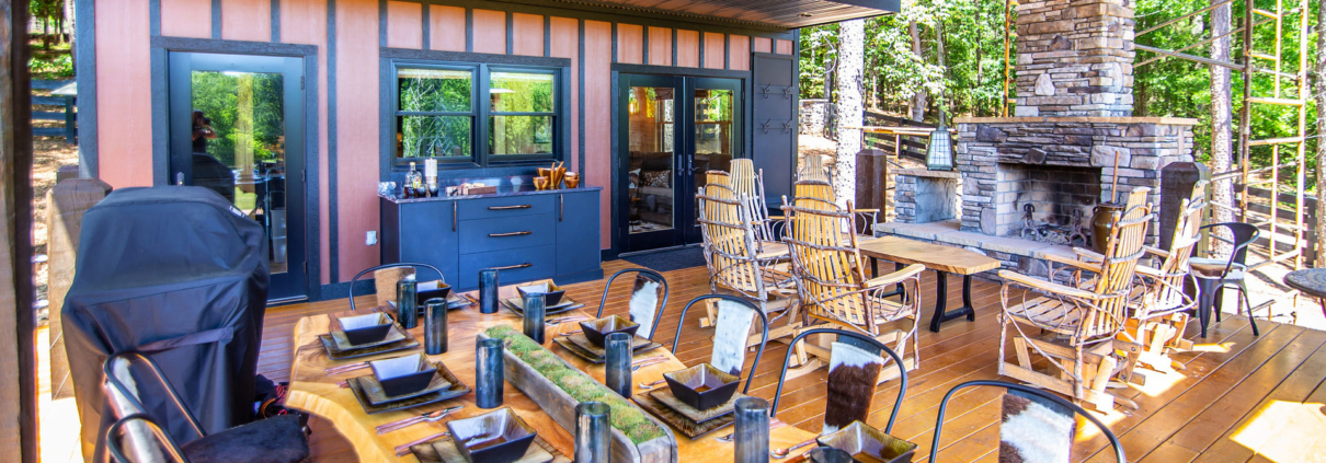 Outdoor dining space with a balcony