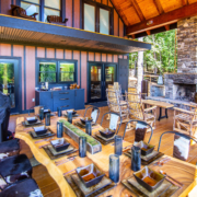 Outdoor dining space with a balcony