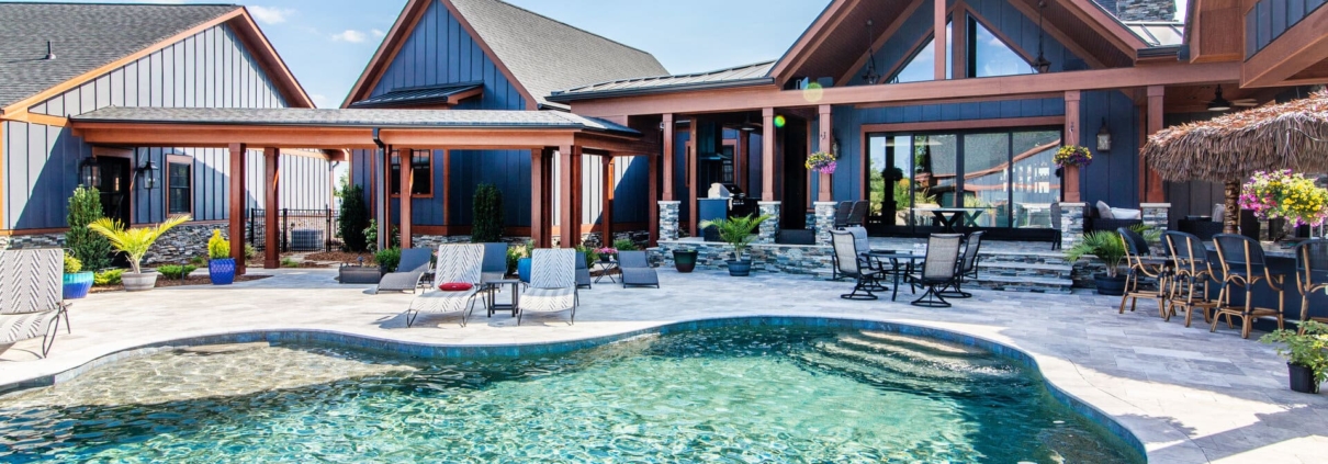 pool with a blue house