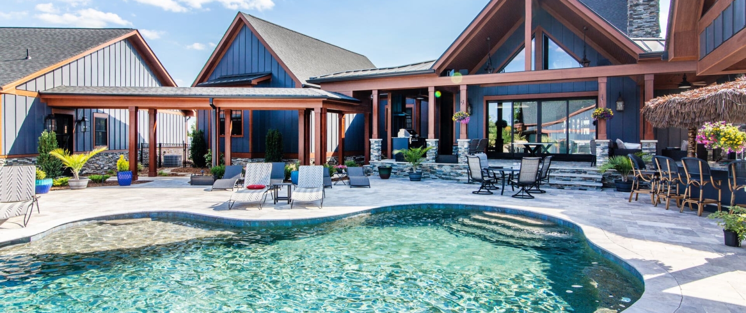 pool with a blue house