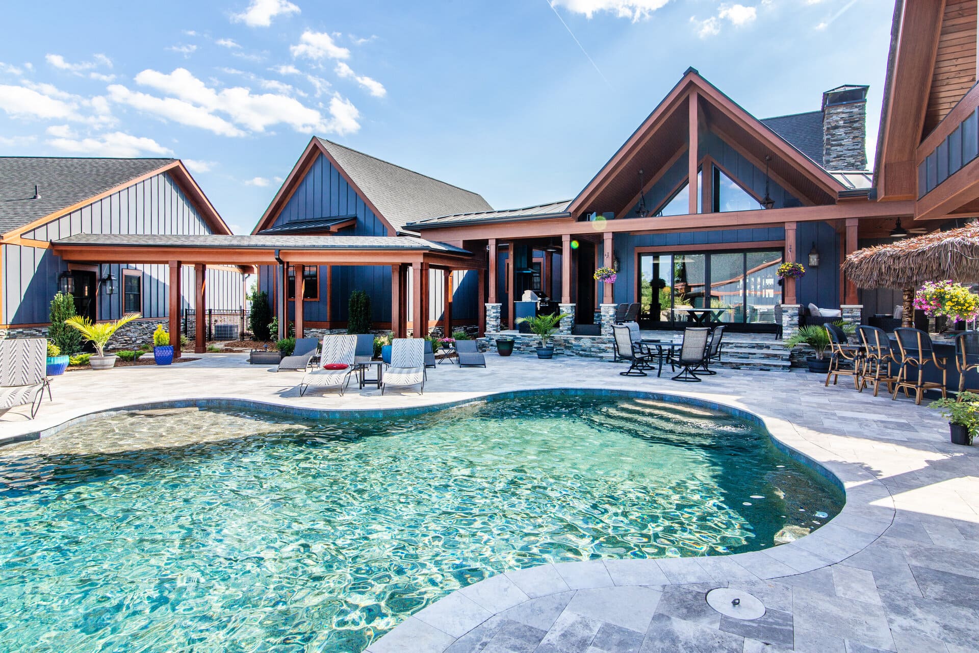 pool with a blue house