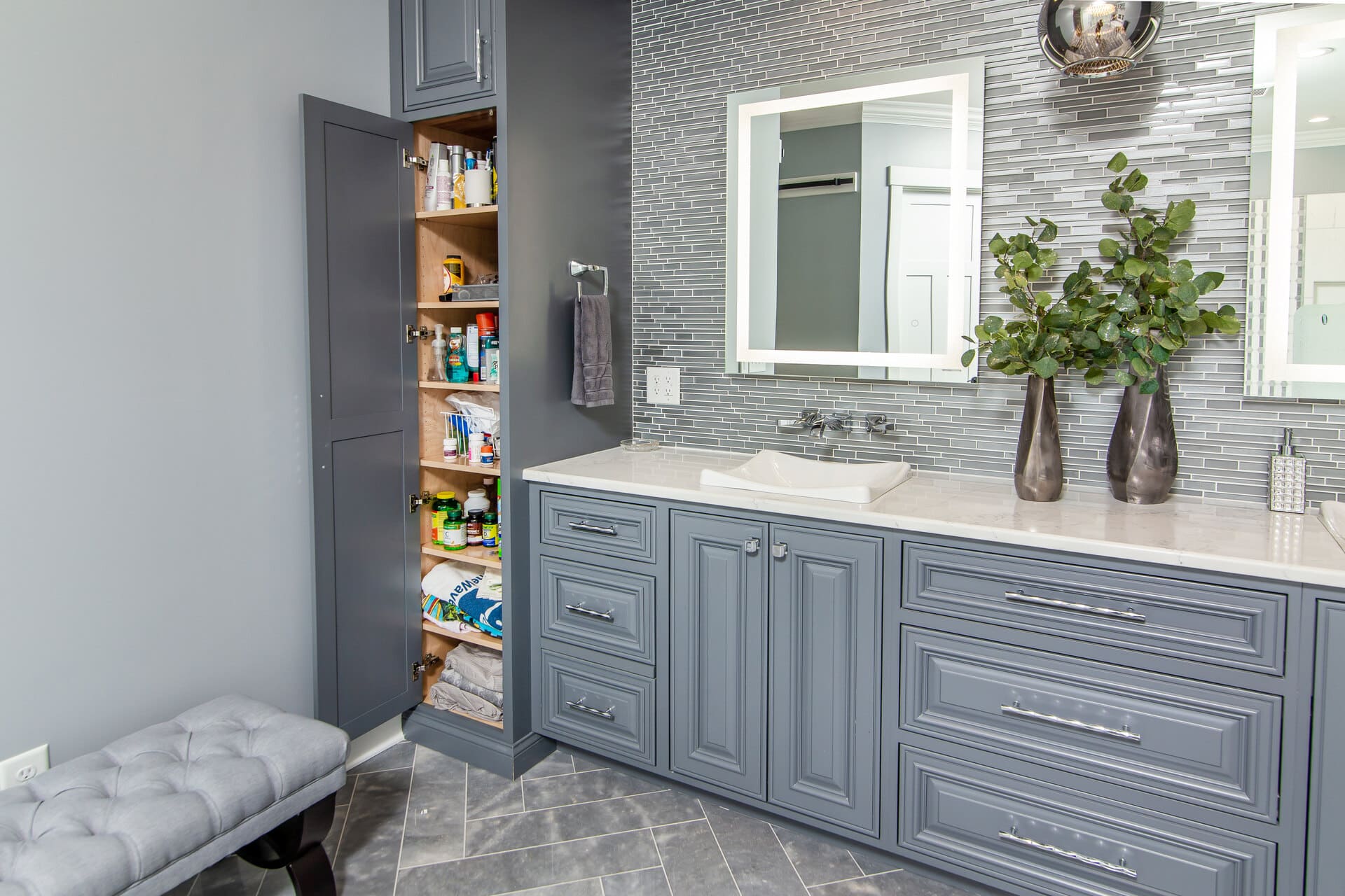 blue vanity with storage