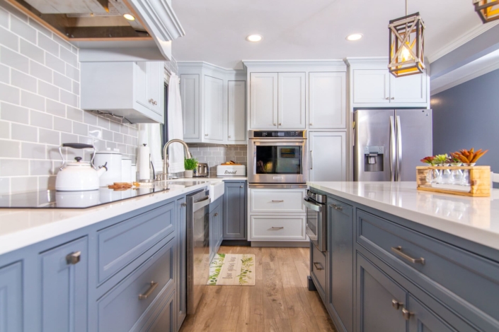 blue kitchen with lights