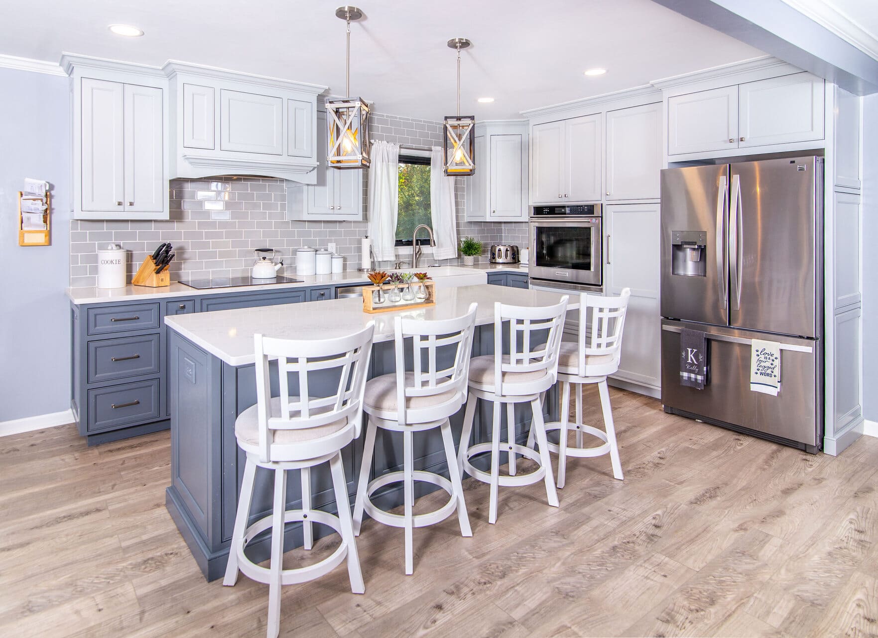 blue kitchen and island