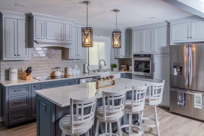 blue kitchen with a island