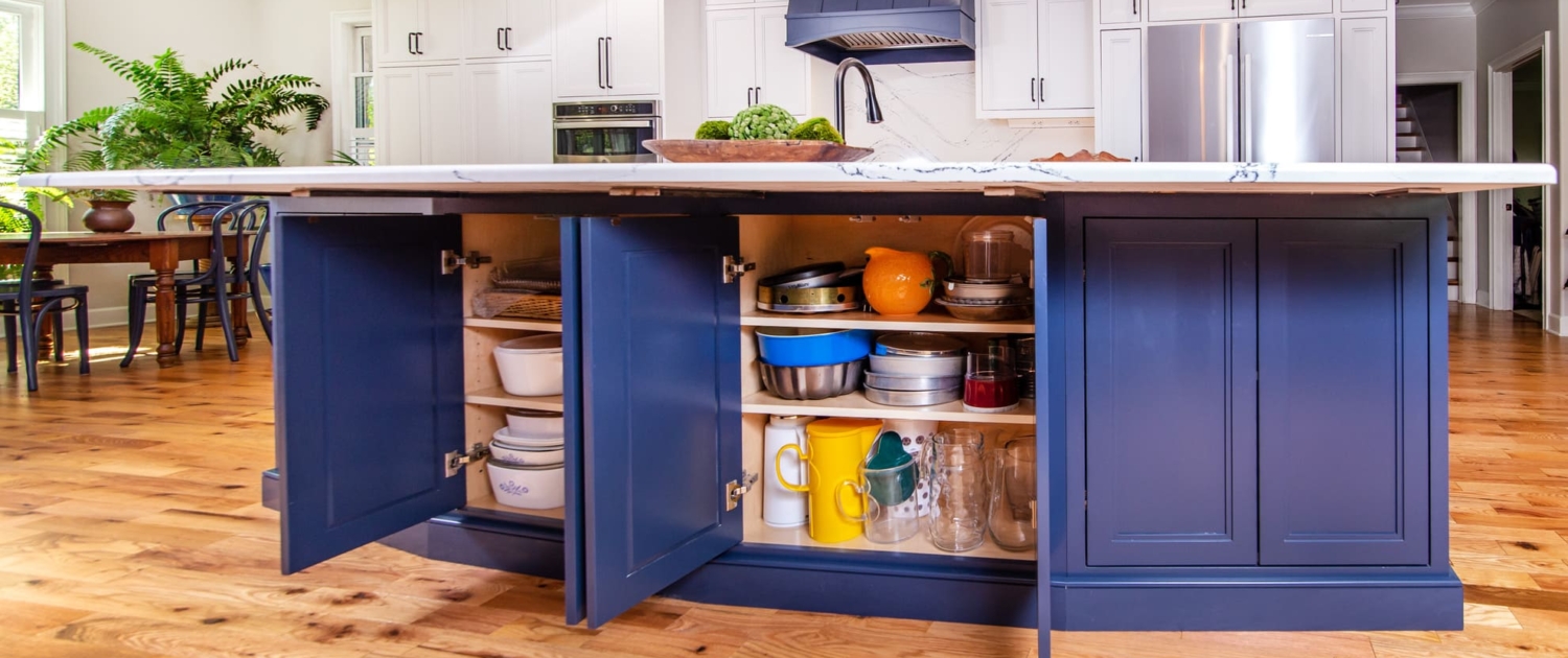 blue kitchen island with storage cabinets