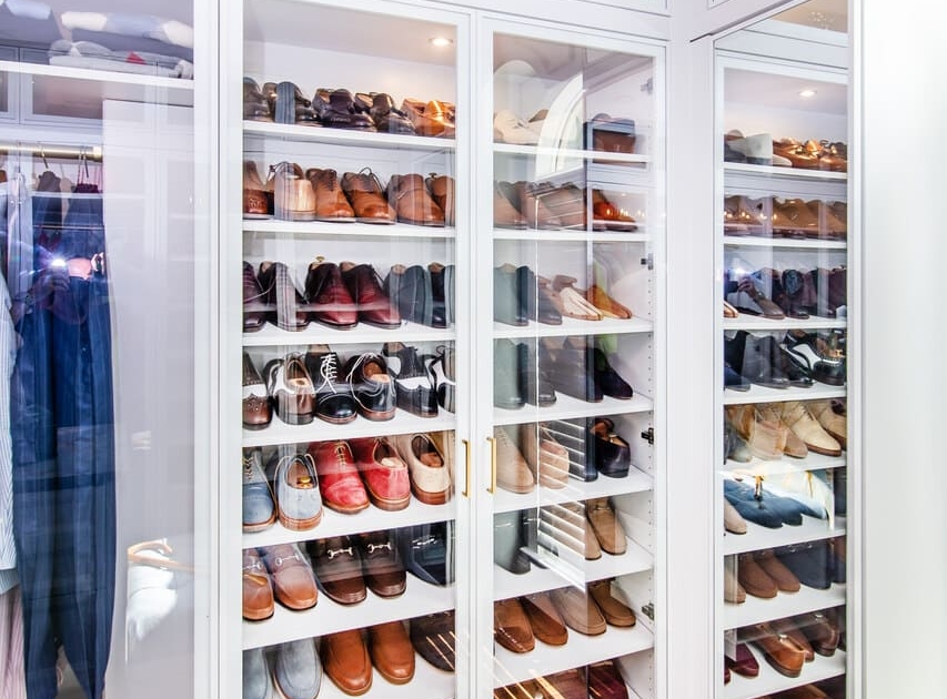 Closet shoe storage with glass doors