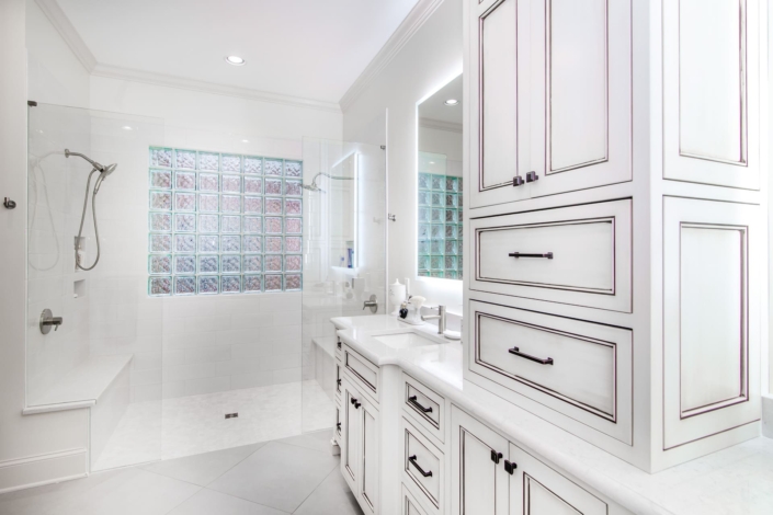 vanity and large walk in shower