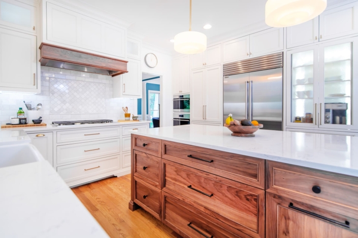 walnut island and large hood