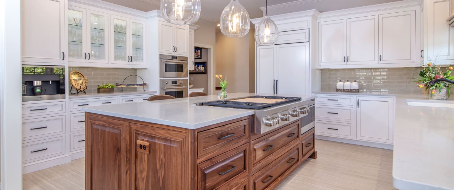 white and brown kitchen with lights