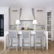 white kitchen with lamps