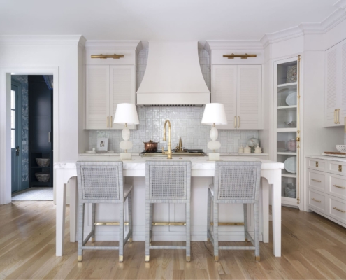 white kitchen with lamps