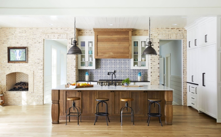 farmhouse kitchen with a fireplace