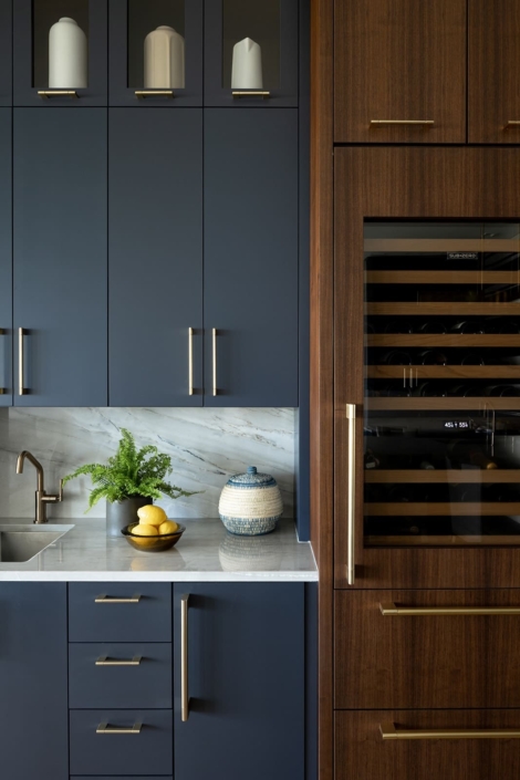 blue wet bar and beverage fridge