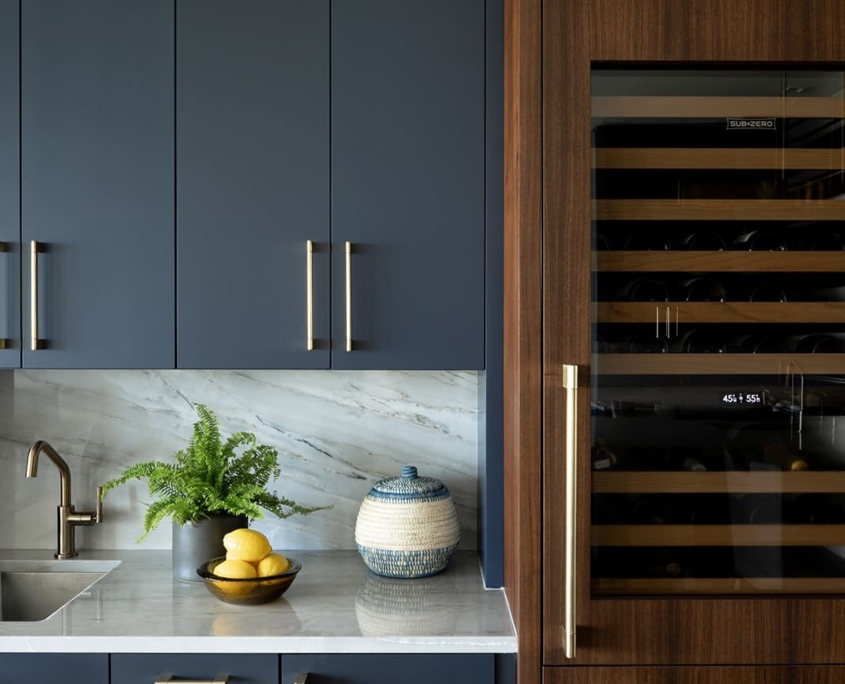 blue wet bar and beverage fridge