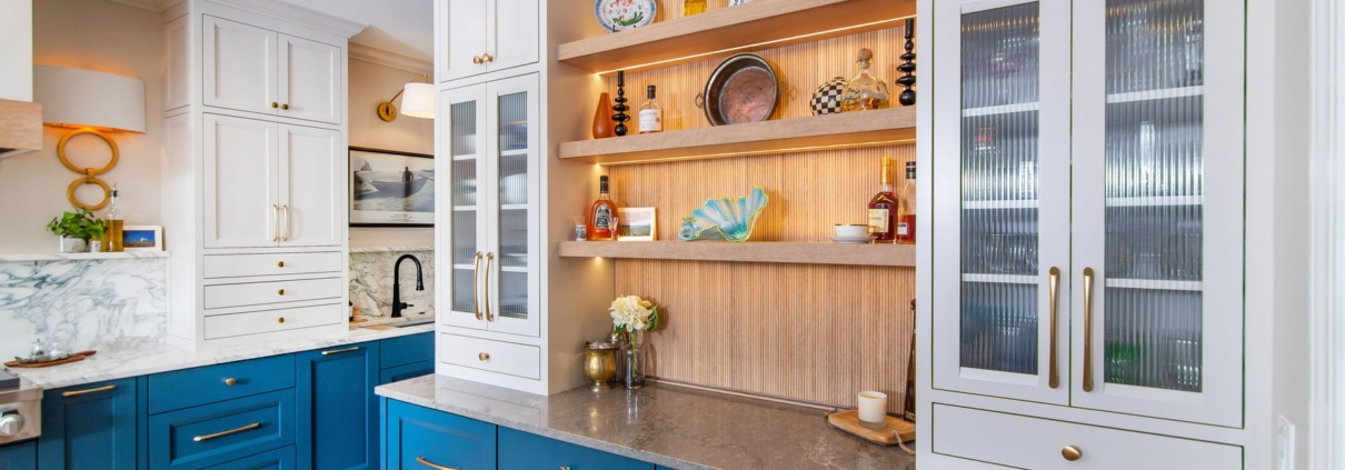 Blue and white kitchen cabinet storage