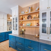Blue and white kitchen cabinet storage