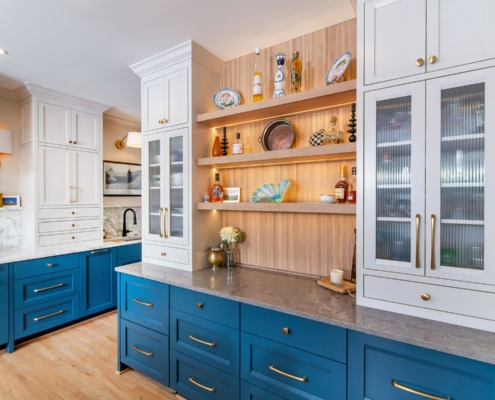 Blue and white kitchen cabinet storage