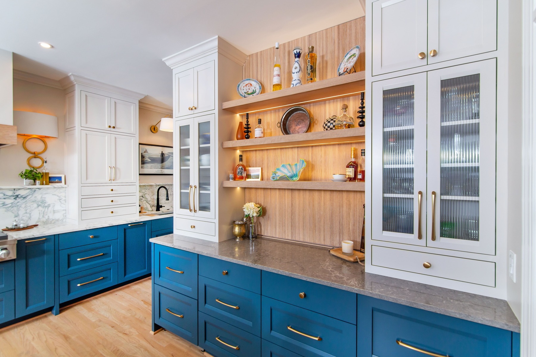 Blue and white kitchen cabinet storage
