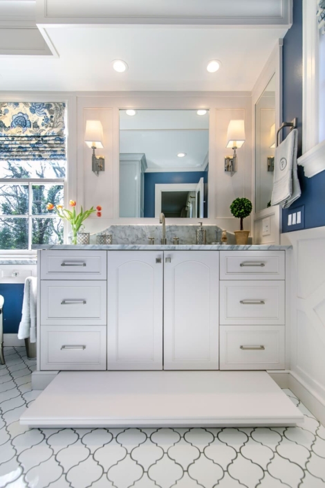 white bathroom vanity with a large window