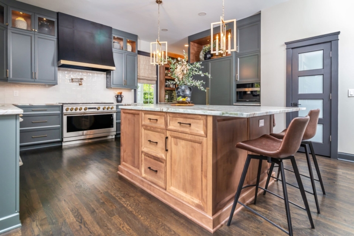 hazelnut kitchen island and blue kitchen
