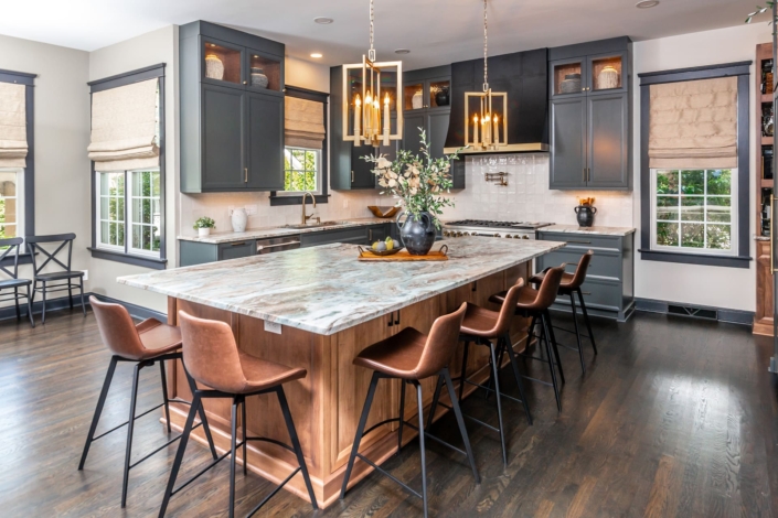 blue and hazelnut kitchen with lights
