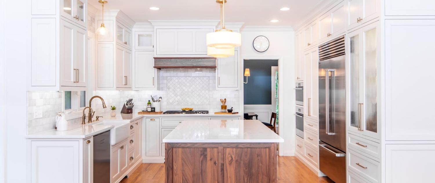 white kitchen with big lights