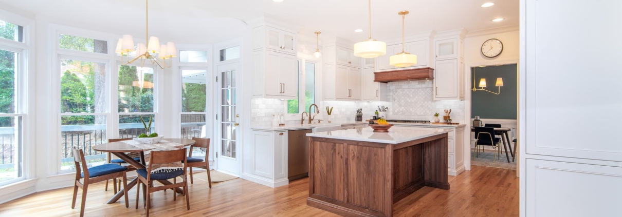 dining area and kitchen with big windows