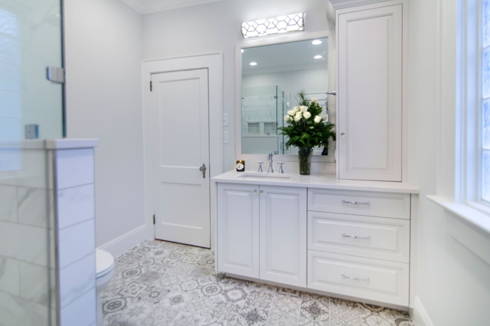 white bathroom cabinets with tile flooring