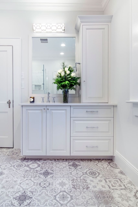 white bathroom with tile floors