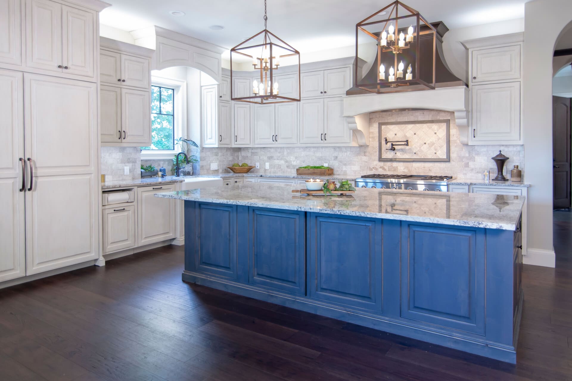 kitchen with a large island and lights