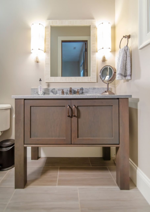 bathroom vanity with large lights