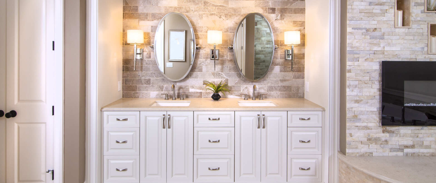 White bathroom vanity with two sinks