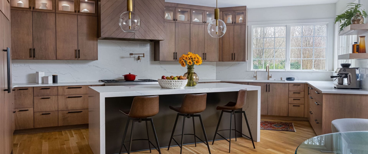 brown kitchen with big windows