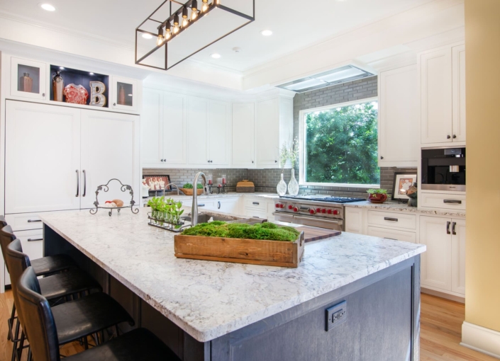 kitchen with a black island